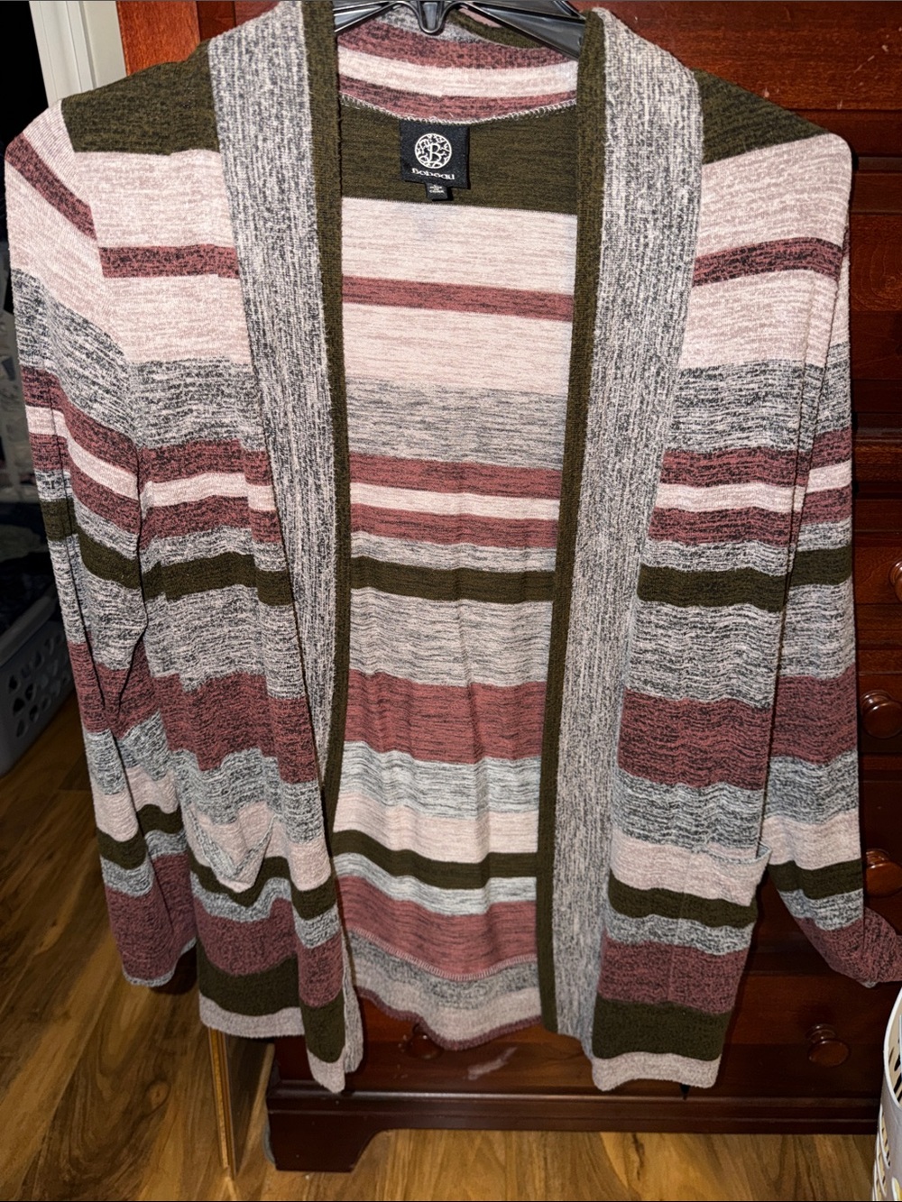 bobeau Olive, Pink & Gray Striped Open-Front Cardigan